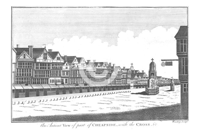 'An Antient View of part of Cheapside, with the Cross Etc.', late 18th century. Artist: Wooding.