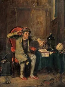 An anxious man comparing his own head to a skull, using the technique of phrenology, 1820-1829. Creator: Theodore Lane