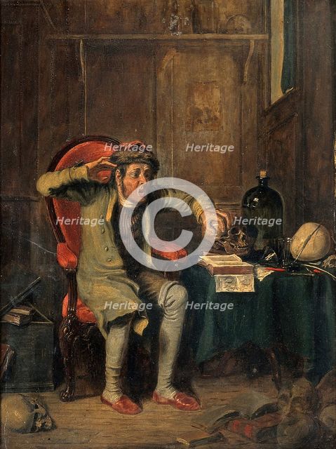 An anxious man comparing his own head to a skull, using the technique of phrenology, 1820-1829. Creator: Theodore Lane.