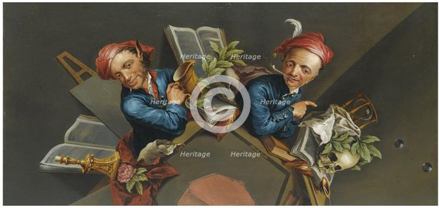 An anamorphic Trompe l'Oeil with a Vanitas still life.