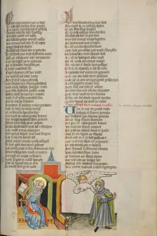 An Angel Confirming Mary's Faithfulness to Joseph; Weltchronik, about 1400-1410. Creator: Unknown