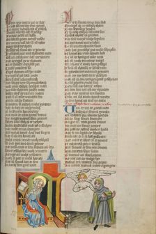 An Angel Confirming Mary's Faithfulness to Joseph; Weltchronik, about 1400-1410. Creator: Unknown