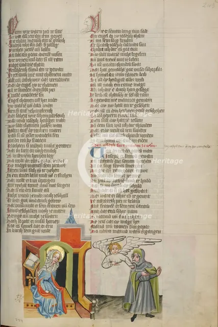 An Angel Confirming Mary's Faithfulness to Joseph; Weltchronik, about 1400-1410. Creator: Unknown.