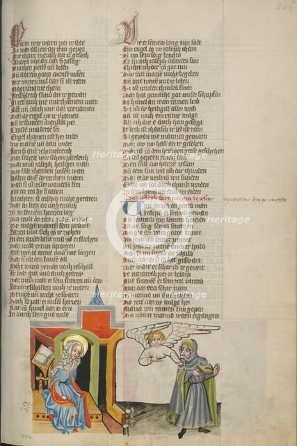 An Angel Confirming Mary's Faithfulness to Joseph; Weltchronik, about 1400-1410. Creator: Unknown.