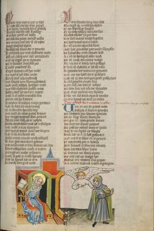 An Angel Confirming Mary's Faithfulness to Joseph; Weltchronik, about 1400-1410. Creator: Unknown