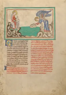 An Angel Casting a Millstone into the Sea; Dyson Perrins Apocalypse, about 1255-1260. Creator: Unknown