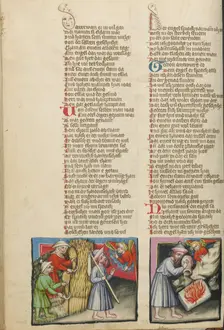 An Angel Appearing to Gideon: Gideon's Sacrifice; Weltchronik, about 1400-1410. Creator: Unknown