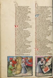 An Angel Appearing to Gideon: Gideon's Sacrifice; Weltchronik, about 1400-1410. Creator: Unknown