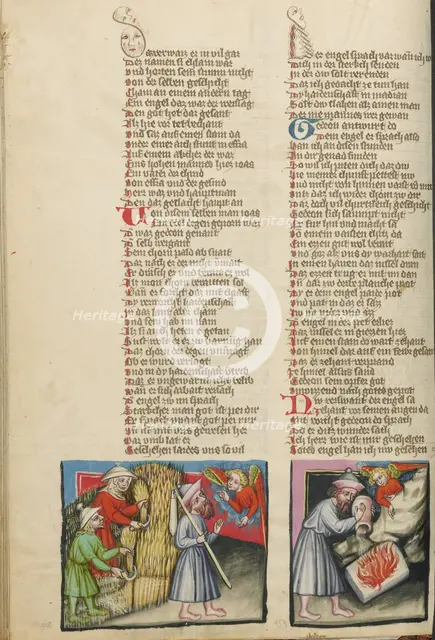 An Angel Appearing to Gideon: Gideon's Sacrifice; Weltchronik, about 1400-1410. Creator: Unknown.