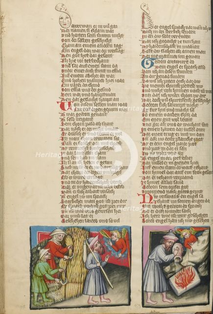 An Angel Appearing to Gideon: Gideon's Sacrifice; Weltchronik, about 1400-1410. Creator: Unknown.