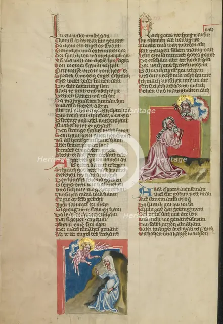 An Angel Appearing to Hagar in the Wilderness: God Speaking to Abraham; Weltchronik, about 1400-10. Creator: Unknown.
