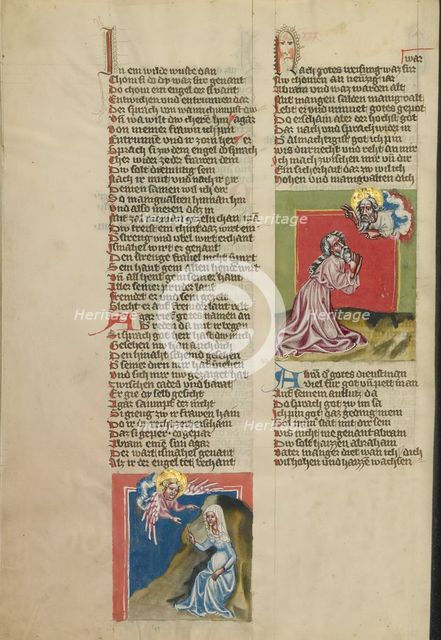 An Angel Appearing to Hagar in the Wilderness: God Speaking to Abraham; Weltchronik, about 1400-10. Creator: Unknown.