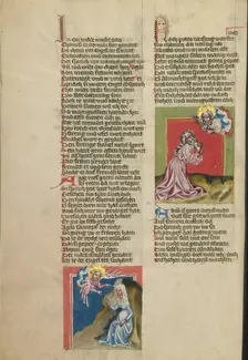 An Angel Appearing to Hagar in the Wilderness: God Speaking to Abraham; Weltchronik, about 1400-10. Creator: Unknown