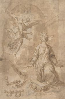 An Angel Appearing to Saint Catherine of Alexandria in Prison (recto); Volute (verso), 17th cent. Creator: Anon