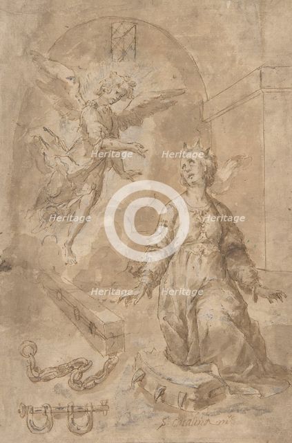 An Angel Appearing to Saint Catherine of Alexandria in Prison (recto); Volute (verso), 17th cent. Creator: Anon.
