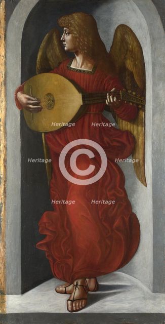 An Angel in Red with a Lute, c. 1490-1499. Artist: De Predis, Giovanni Ambrogio (1455-1509)
