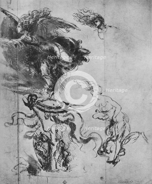 'An Angel Placing a Shield on a Trophy and Separate Studies of the Angel', c1480 (1945). Artist: Leonardo da Vinci.