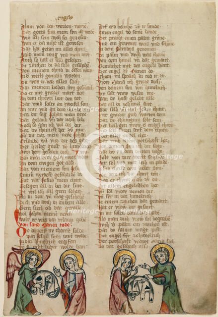 An Angel Presents Christ's Burial Garment to the Virgin; The Virgin Shows the..., about 1330-1350. Creator: Unknown.
