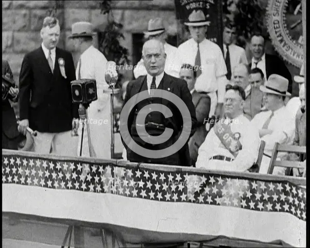 An Angry Politician Speaking from a Stage Proposing Drastic Measures in Fight Against Comm..., 1932. Creator: British Pathe Ltd.