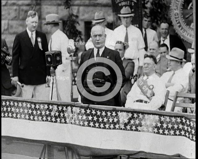 An Angry Politician Speaking from a Stage Proposing Drastic Measures in Fight Against Comm..., 1932. Creator: British Pathe Ltd.
