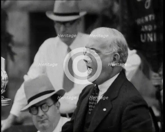 An Angry Politician Speaking from a Stage Proposing Drastic Measures in Fight Against Comm..., 1932. Creator: British Pathe Ltd.