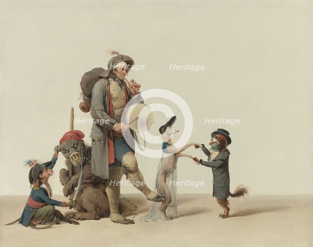 An Animal Trainer With Dancing Dogs, a Bear And Monkey.