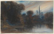 An Abbey by a Wooded Lake at Twilight, c. 1831. Creator: Paul Huet