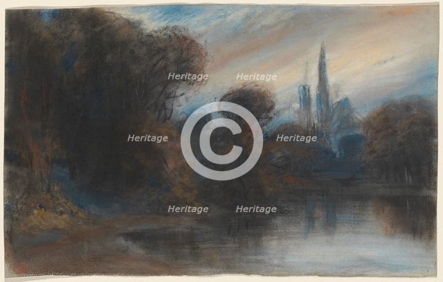 An Abbey by a Wooded Lake at Twilight, c. 1831. Creator: Paul Huet.