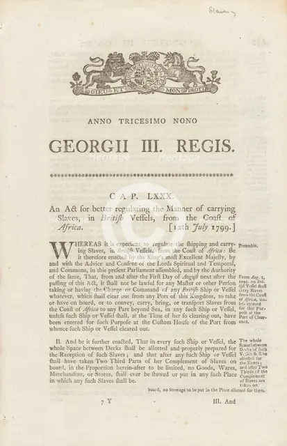 An act for better regulating the manner of carrying slaves, in British vessels..., 1799. Creator: Unknown.