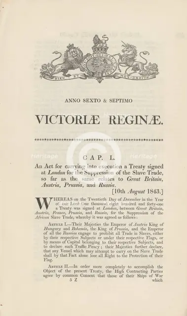An act for carrying into execution a treaty signed at London for the suppression of the..., 1843. Creator: Unknown.
