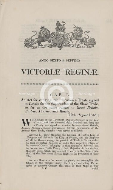 An act for carrying into execution a treaty signed at London for the suppression of the..., 1843. Creator: Unknown.