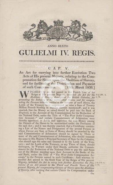 An act for carrying into further execution two acts of His present Majesty, relating to..., 1836. Creator: Unknown.