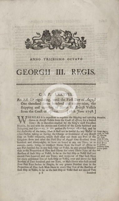 An act for regulating, until the first day of August 1799, the shipping and carrying..., 1798. Creator: Unknown.