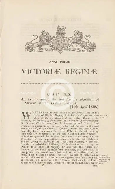An Act to amend the Act for the abolition of slavery in the British colonies, 1838-04-11. Creator: Unknown.
