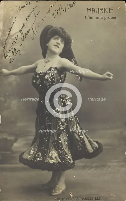 An actor in drag, known as "Maurice"; poses on stage mid-dance, 1908. Creator: Unknown.
