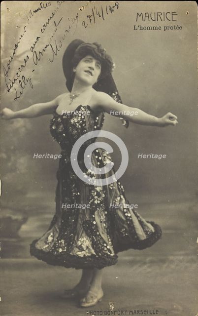 An actor in drag, known as "Maurice"; poses on stage mid-dance, 1908. Creator: Unknown.