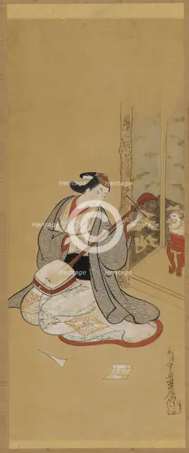 An actor in female dress stringing a samisen, Edo period, mid-late 18th century. Creator: Toriyama Sekien.