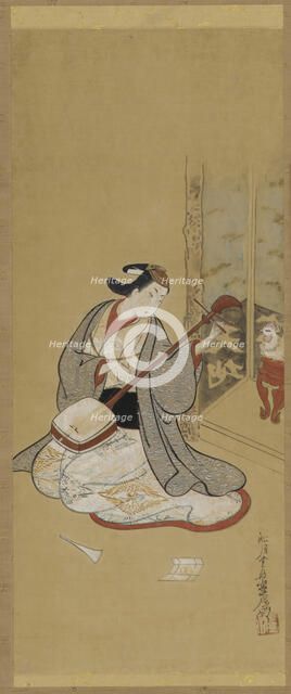 An actor in female dress stringing a samisen, Edo period, mid-late 18th century. Creator: Toriyama Sekien.