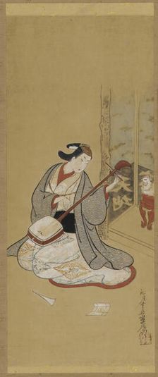 An actor in female dress stringing a samisen, Edo period, mid-late 18th century. Creator: Toriyama Sekien