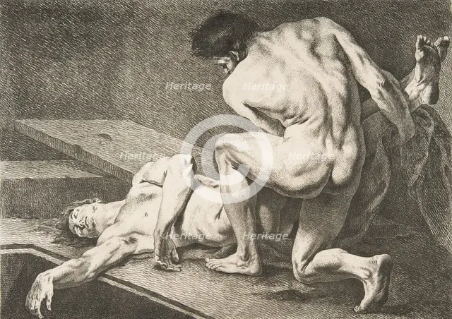 An "Académie": One Man Lifting the Legs of Another Man, 1742-43. Creator: Carle van Loo.