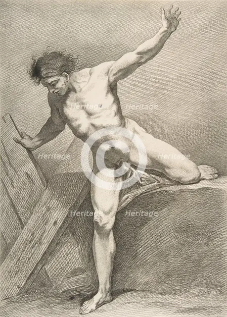 An "Académie": Striding Man Leaning on a Plank, 1742-43. Creator: Carle van Loo.