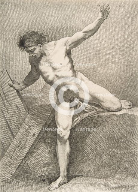 An "Académie": Striding Man Leaning on a Plank, 1742-43. Creator: Carle van Loo.