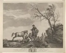 An accident while traveling, a kneeling man fixing a broken saddle, a horse pissing at ..., 1740-50. Creator: Charles-Nicolas Cochin