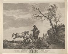 An accident while traveling, a kneeling man fixing a broken saddle, a horse pissing at ..., 1740-50. Creator: Charles-Nicolas Cochin