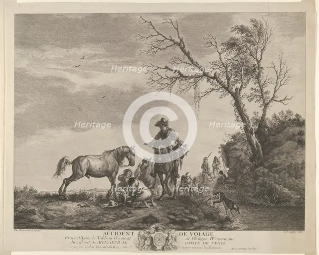 An accident while traveling, a kneeling man fixing a broken saddle, a horse pissing at ..., 1740-50. Creator: Charles-Nicolas Cochin.