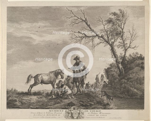 An accident while traveling, a kneeling man fixing a broken saddle, a horse pissing at ..., 1740-50. Creator: Charles-Nicolas Cochin.