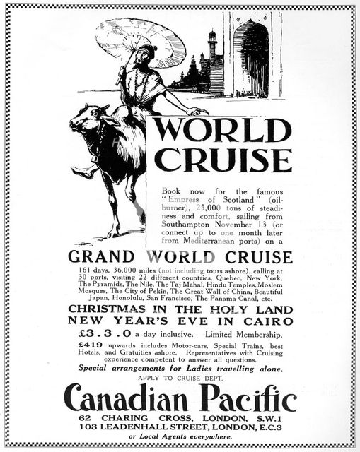 An advertisement for a Canadian Pacific world cruise, 1926. Artist: Unknown