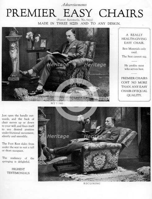 An advertisement for 'Premier' easy chairs, 1926. Artist: Unknown