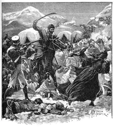 An Afghan Horseman Rode At Her With Uplifted Sword, 1902. Artist: A Patriot