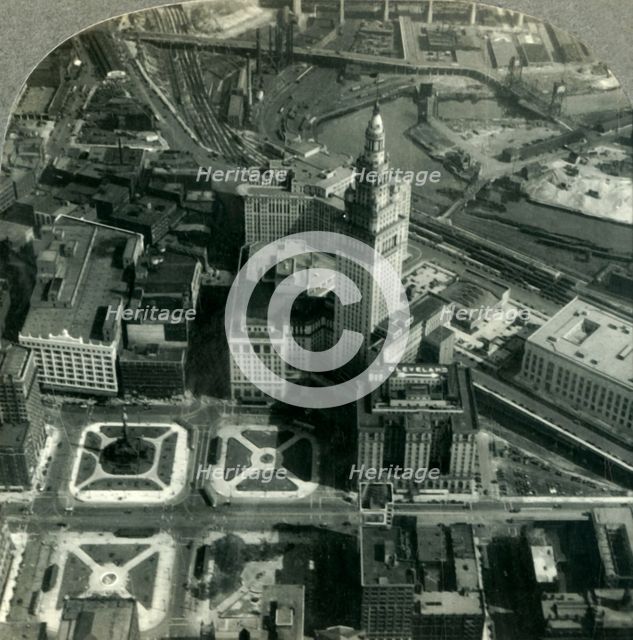 'An Air View of Downtown Cleveland - Public Square, Terminal Tower and the Winding Cuyahoga', 1930s. Creator: Unknown.